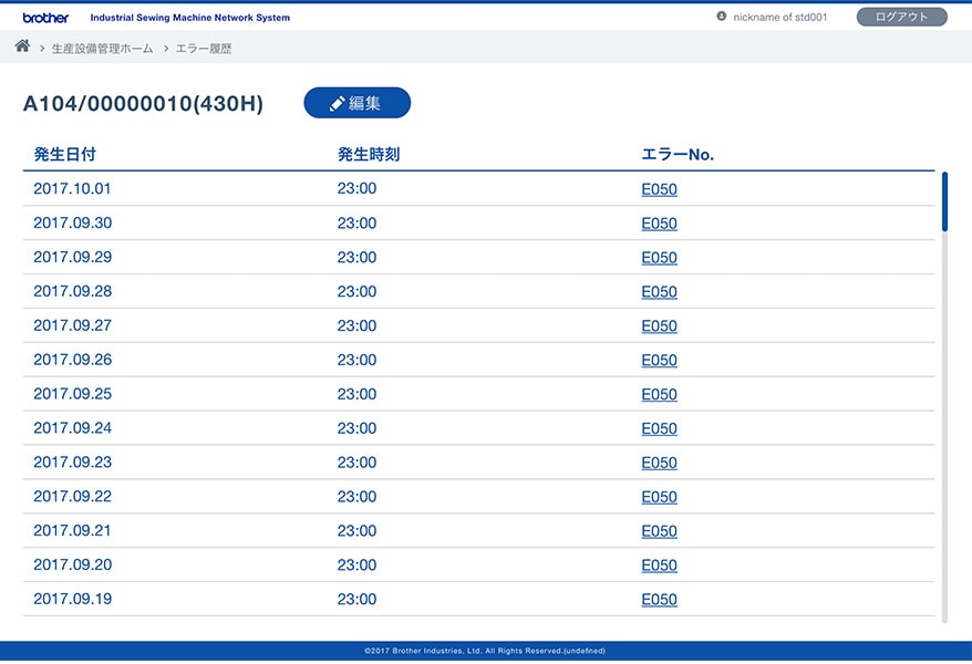缝纫设备的报错记录(设备管理)等
